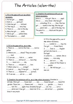 worksheet for the articles i am - the with pictures and words in it