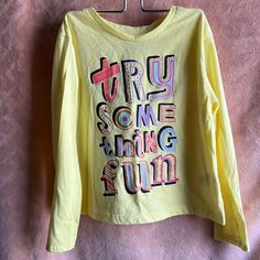 365 Kids Girls Size 7 Long Sleeve T Shirt Washed Never Worn Yellow Long Sleeve T-shirt For Spring, Trendy Yellow Long Sleeve T-shirt, Trendy Long Sleeve Yellow T-shirt, Fun Long Sleeve Summer Tops, Fun Long Sleeve T-shirt For Spring, Fun Multicolor Long Sleeve Shirt, Fun Long Sleeve Cotton Shirt, Fun Long Sleeve Spring Tops, Fun Letter Print Tops For Spring