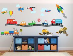 a child's room with cars and trucks on the road wall decal set