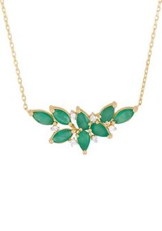 Indulge in the beauty of this leaf-shaped necklace, adorned with eight vibrant emeralds and six sparkling diamonds, set in lustrous 10K yellow gold. The pendant hangs gracefully from a delicate chain, adding a touch of elegance to any outfit. | Belk & Co Emerald and 1/20 ct. t.w. Diamond Necklace in 10K Yellow Gold, 17 in Fine Jewelry Green Marquise Necklaces, Delicate Chain, Fine Jewellery Necklace, Sparkle Diamonds, Jewelry Necklace Pendant, Diamond Necklace, Emerald, Fine Jewelry, Diamonds