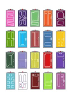 a set of different colored doors with labels attached to each door and the number one on each side