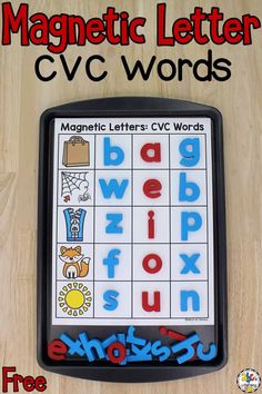 the magnetic letter cvc words game is shown on a wooden surface with text below it