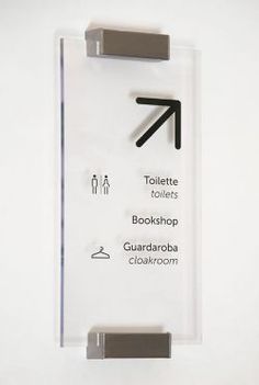 an acrylic sign showing the direction to toilets