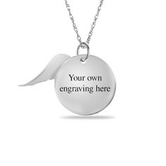 Give someone you love a sweet sentiment with this personalized and engravable handwriting angel wing disc pendant. Crafted in sterling silver This look showcases a round disc with your handwritten message - taken from your photo - inscribed along the front. The back gleams up to two lines of additonal messages - each up to 20 characters in length - inscribed in a print font. An inspiring wing-shaped charm completes the design. This pendant suspends along an 18.0-inch rope chain that secures with Peoples Jewellers, Print Fonts, Disc Pendant, Angel Wings, Rope Chain, Handwriting, Spring Rings, Angel, Chain