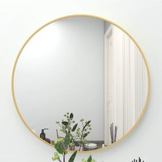 a mirror sitting on top of a white wall next to a potted plant in a vase