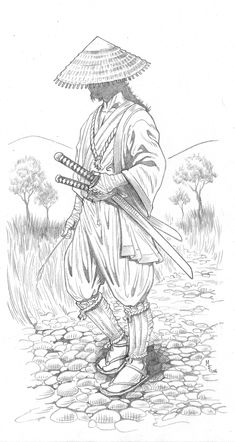 an ink drawing of a person with a hat and two swords in their hands, walking through the grass