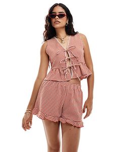 Miss Selfridge gingham frill short in rust | ASOS Frill Shorts, Vest Set, Tie Front Top, See Yourself, Satin Slip Dress, Front Tie Top, Maxi Dress Trend, Look In The Mirror, Swimwear Sale