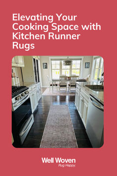 the cover of a cookbook showing a kitchen with white cabinets and black floors, along with a red background