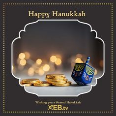 happy hanukkah greeting card with gold coins and menorah in the background