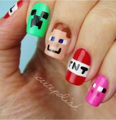 Minecraft nail Crazy Nail Art, Funky Nail Art, Nails Easy, Short Nails Art, Nail Art Designs Diy, Crazy Nails, Nails For Kids