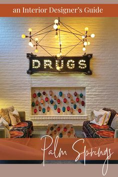 A reclaimed vintage drugs sign is an artistic feature in the lobby lounge at the Parker Palm Springs Hotel hanging above colorful lanterns and plush Boho-style cushion lounge chairs. Palm Springs Interior Design, Interior Design Styles Guide, Palm Springs Design, Palm Springs Interior, Colorful Lanterns, Palm Springs Restaurants, Palm Springs Hotel, Bohemian Decorating, The Parker Palm Springs