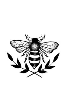 a black and white drawing of a bee sitting on top of a leafy branch