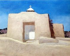 a painting of an adobe building with a cross on top