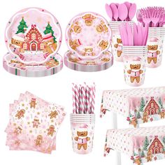 a pink christmas themed tableware set with gingerbreads