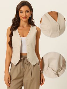 Shop Allegra K for sleeveless solid button down v neck waistcoat vest you are looking for, get more women's vests for yourelf. Order now! Free Returns! Mom Clothing, Fall Wardrobe Staples, Tailored Vest, Women's Vests, Everyday Outfit, Sleeveless Vest, Mom Outfits, Casual Elegance, Color Khaki