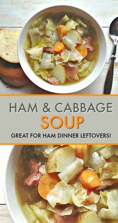 ham and cabbage soup in a white bowl