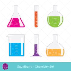 a set of laboratory glassware filled with liquid and flasks containing different liquids