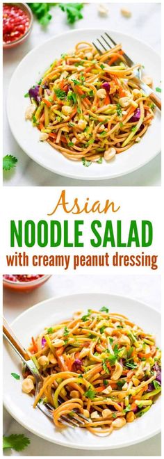 photo collage of Asian noodle salad Healthy Cold Pasta Salad, Easy Asian Noodles, Salad With Peanut Dressing, Asian Noodle Salad, Rice Noodle Salad, Cookout Side Dishes, Thai Rice, Cold Pasta Salad Recipes, Dairy Free Pasta