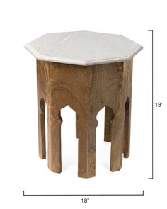 a small wooden stool with white marble top and legs on an isolated white background for use as a side table