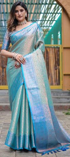 Blue color Saree in Kanjeevaram Silk fabric with Weaving, Zari work Blue Color Saree, Festive Saree, Zari Work, Traditional Sarees, Blouse Length, Petticoat, Silk Fabric, Blue Fashion, Weaving