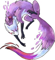 a drawing of a purple and white fox with its tail curled up in the air