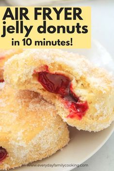 there are jelly donuts on the plate with text overlay that says, air fryer jelly donuts in 10 minutes