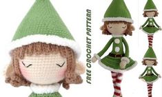 the crocheted doll is wearing a green dress and red striped hat with white stripes