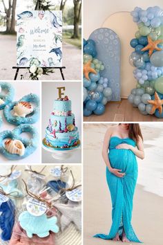 Collage of photos for an under the sea baby shower theme for boys. Under the sea baby shower themed decorations, cake, snack, and party favors. Under The Sea Baby Shower Ideas, Summer Baby Shower Ideas, Beach Parties, Strawberry Fields