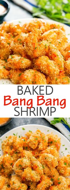 baked bang bang shrimp is served on a white plate with dipping sauce in the background