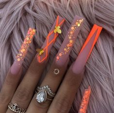 Long Orange Nails, Dope Nail Designs, Coffin Nails Long, Unique Acrylic Nails