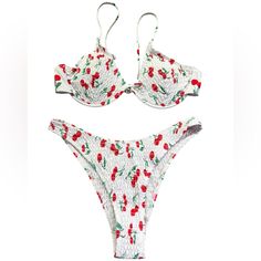 Cherries Pattern Womens Underwire High Cut Cheeky Bikini Swimwear Set, Size Medium. Metal Clasp Closure In Back Of Bikini Top. Description Smocked Multicolor Cute Fruit& Vegetable High Cut Underwire Spaghetti Strap High Stretch, Fabric Machine Wash, Do Not Dry Clean, Wash With Detergent 82% Polyester, 18% Elastane Nwt New To Poshmark? Please Sign Up Using Our Code Jaxxandgee And Redeem $10 Off Your First Purchase! We Ship Same Day! Cherry Print Bra, Swimwear Sets, Cute Fruit, Cheeky Bikinis, High Cut, Lady In Red, Womens Swim, Smocking, Stretch Fabric