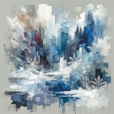 an abstract painting with blue and white colors