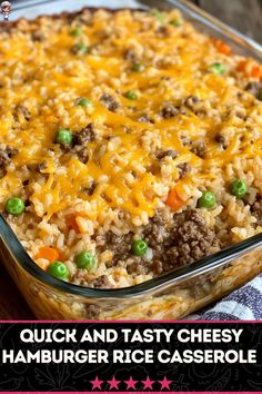 a casserole dish with meat, rice and peas