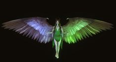 a woman with wings on her body is standing in front of a black background and there is no image here to provide a caption