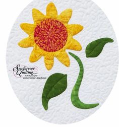 a yellow sunflower with green leaves on a white background, and the words southern quilting written below it