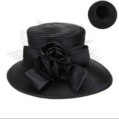 Braid W/ 3 Flower & Bows Size: One Size / Adjustable Inner Band Crw: 22" D: 14 " H: 4"T Black Boater Hat For Summer Wedding, Black Hat For Garden Party In Spring, Black Brimmed Mini Hats For Garden Party, Black Boater Hat For Spring Wedding, Fitted Boater Hat For Church In Spring, Black Mini Hats For Kentucky Derby Garden Party, Black Mini Hats For Kentucky Derby, Fitted Black Boater Hat For Wedding, Black Fitted Boater Hat For Wedding