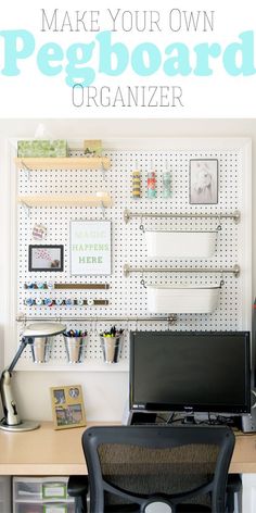 a desk with a laptop computer on top of it and the words how to make your own pegboard organizer