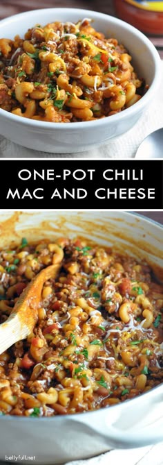 one pot chili mac and cheese in a white bowl