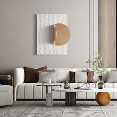 a modern living room with white couches and coffee table in front of a painting on the wall