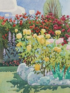 a painting of flowers in a garden with rocks and trees behind it, watercolor on paper