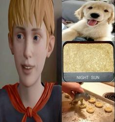 a boy is making cookies with his dog