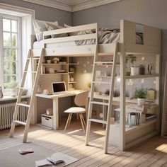 there is a loft bed with desk and ladders in the room next to it