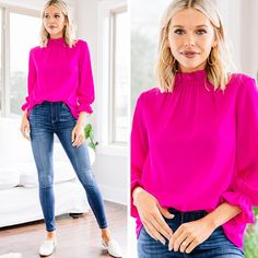 long sleeve ruffled blouse Pink Stretch Blouse With Ruffles, Stretch Pink Blouse With Ruffles, Pink Ruffle Sleeve Blouse For Work, Pink Ruffled Collar Blouse For Fall, Pink Ruffled Blouse For Fall, Chic Pink Blouse With Ruffled Collar, Day At The Office, Ruffled Blouse, Mint Julep Boutique