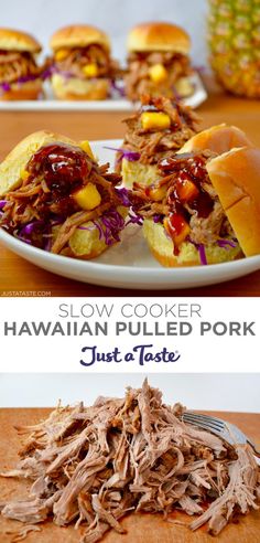 Top image: Hawaiian Pulled Pork on slider buns with pineapple chunks and barbecue sauce. Bottom image: A pile of pulled pork on a cutting board with a fork. Hawaiian Style Pulled Pork, Pulled Pork Easter Dinner, Pineapple Pulled Pork Crockpot, Pineapple Pork Tenderloin Crockpot, Hawaiian Pulled Pork Crock Pot Recipes, Hawaiian Pulled Pork Slow Cooker, Hawaiian Pork Loin, Hawaiian Pork Tacos, Hawaiian Pork Tenderloin