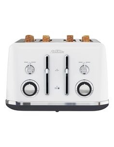 a white toaster with two slices of bread on it's top and one slice missing