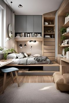 a bedroom with a bed, desk and shelves