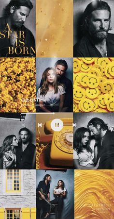 a collage of photos with yellow and black colors, including two men and one woman