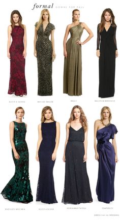 dresses for formal occasions in different colors and styles, including one with an open back