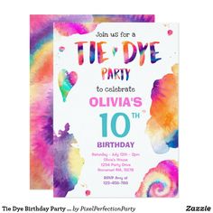 tie dye birthday party card with colorful watercolors on the front and back side