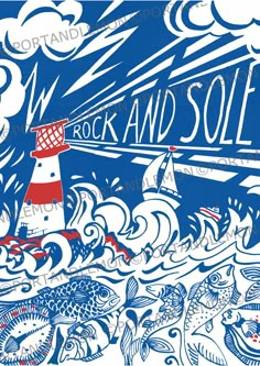 a blue and white poster with an image of a lighthouse in the ocean surrounded by fish